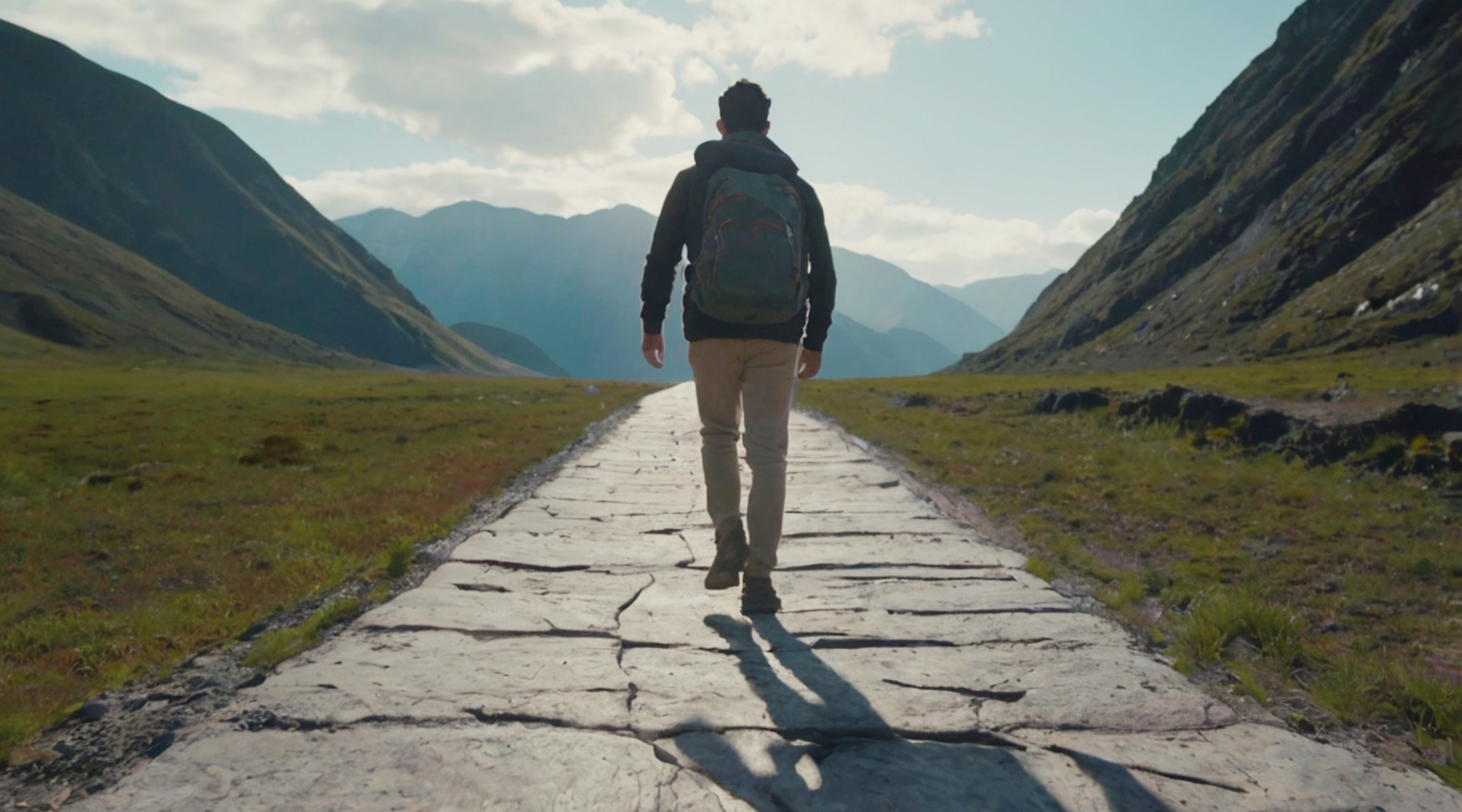 Person auf einem Steinweg zwischen Bergen.