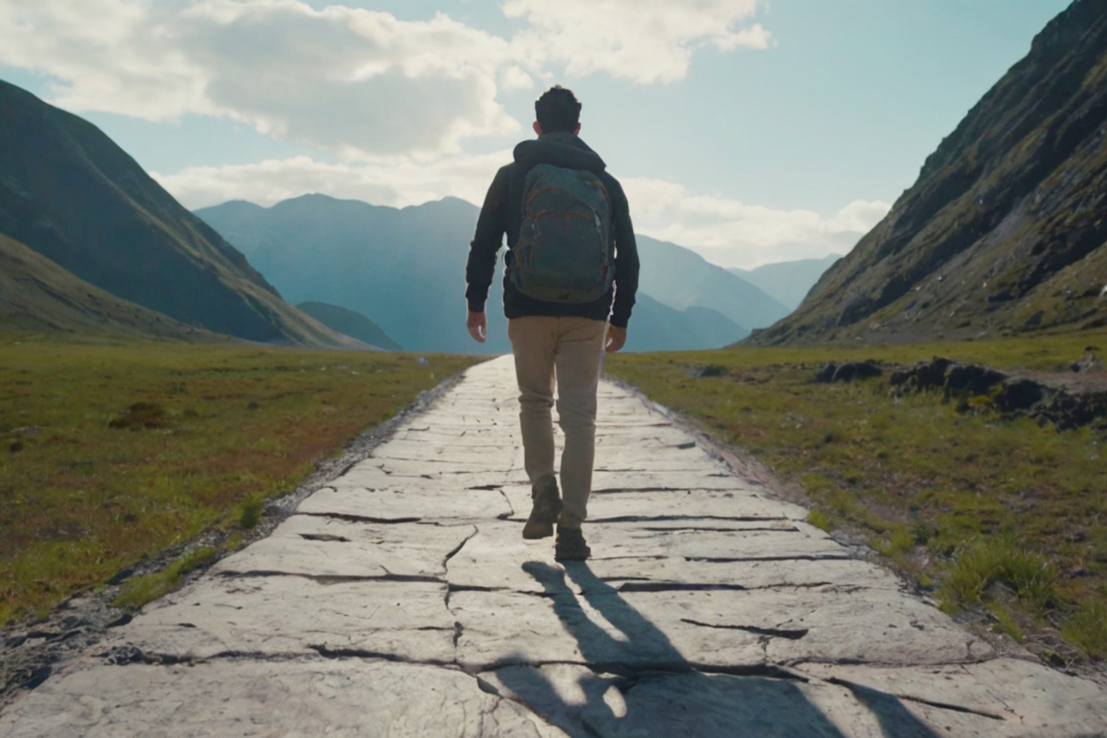Carlos Cabrera wandert auf einem Weg durch eine Berglandschaft.